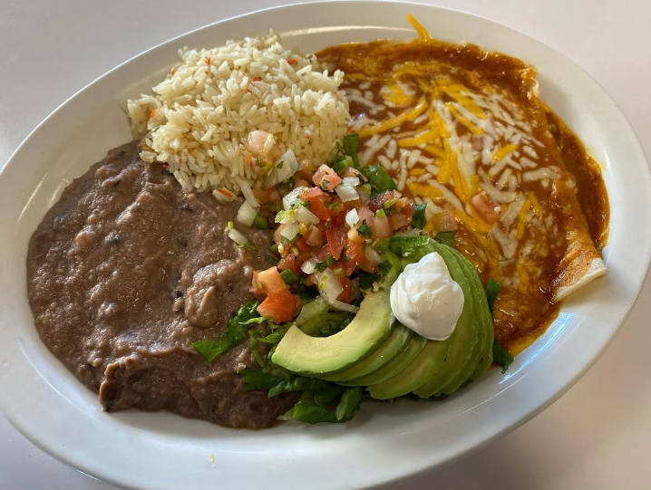 Cheese enchiladas with rice, beans and avocado